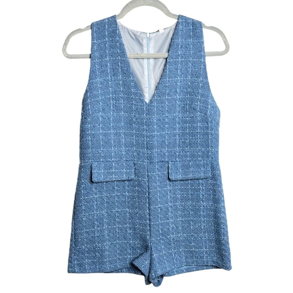 SHEIN Blue Tweed V-Neck Romper